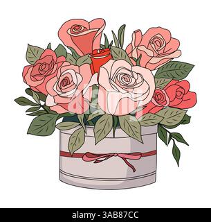 Ein Blumenstrauß aus Rosen in einer Box-Vektor-Illustration Stock Vektor