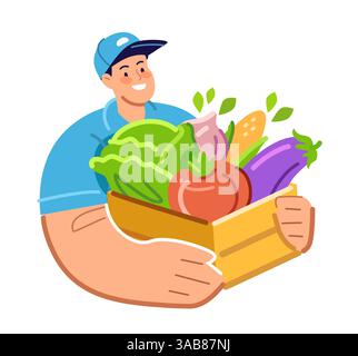 Glücklicher Bauer mit einer Schachtel frisches Gemüse. Landarbeiter, der gesunde Bio-Lebensmittel hält. Flacher Cartoon Stock Vektor