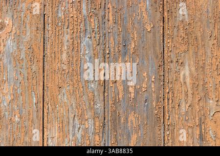 Braunes Knistern – Holzwand mit absplitterender Farbe draußen, verwittert und abgelöst durch den Hintergrund der Zeit, abblätternde beige Farbe Hintergrund, Holzdielen Textur Bretter Stockfoto