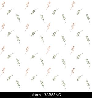 Aquarell Hand gezeichnetes nahtloses Muster mit wilden grünen Zweigen, roten Blättern Zweigen auf weißem Hintergrund Stockfoto