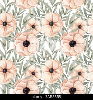 Aquarellnahtloses handgezeichnetes Muster mit verschiedenen pfirsichrosa Anemonen in blühenden Blüten und Eukalyptuszweigen auf weißem Hintergrund Stockfoto