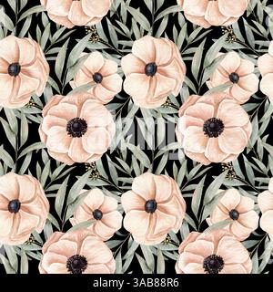 Aquarell nahtloses handgezeichnetes Muster mit verschiedenen pfirsichrosa Anemonen in blühenden Blüten und Eukalyptuszweigen auf dunklem Hintergrund Stockfoto
