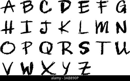 Englisches Alphabet, handgezeichnet mit einem Buntstift. Schwarze Großbuchstaben in Kreide-, Pastellfarben- oder Wachsform. Highlighter-Effekt auf Whiteboard für den Kindergarten Stock Vektor