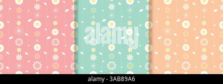 Set aus zarten, pastellfarbenen Blumenmustern. Nahtloses Muster mit weißen Blumen und Kräutern. Wilde Blumen auf rosa, beige und grünem Hintergrund. Vektorgrafik Stock Vektor