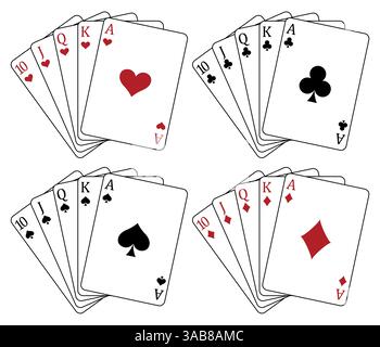 Spielkarten - eine Pokerhand bestehend aus einem Royal Flush Clubs Pik Herzen Diamanten 10 J Q K A, Vektor-Illustration Stock Vektor