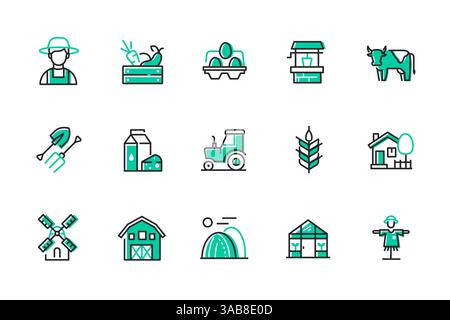Farming – Set mit Symbolen im Liniendesign Stock Vektor