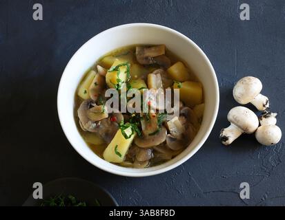 Leckere Suppe mit Pilzen, Champignon, Kartoffeln und Kräutern in einer weißen Schüssel. Gesunde und vegetarische Lebensmittel. Direkt darüber. Stockfoto