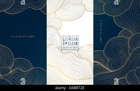 Vektorsatz von Linien Wolken goldene Muster, chinesische, japanische Wellen Rauch Texturen, asiatische Kurven Karten. Luxuriöse Premium abstrakte Poster, Kunst, Etiketten Stock Vektor