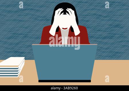 Eine Geschäftsfrau sitzt an ihrem Schreibtisch, sichtlich gestresst und frustriert mit ihrem Laptop vor sich. Sie hält ihren Kopf in den Händen und vermittelt Gefühle Stockfoto