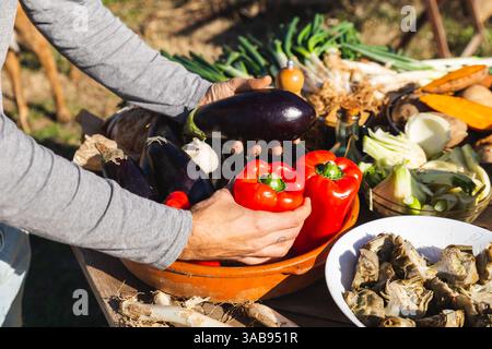 Eine Nahaufnahme von lebendigem, frischem Gemüse auf einem rustikalen Tisch, das die Essenz der Zubereitung einer traditionellen katalanischen Calsotada einfängt. Das Bild zeigt Stockfoto
