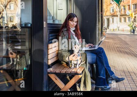 Eine Frau sitzt auf einer Holzbank, benutzt einen Laptop und hält einen kleinen chihuahua. Die Umgebung ist städtisch, mit natürlichem Sonnenlicht, das Schatten wirft und einen erzeugt Stockfoto