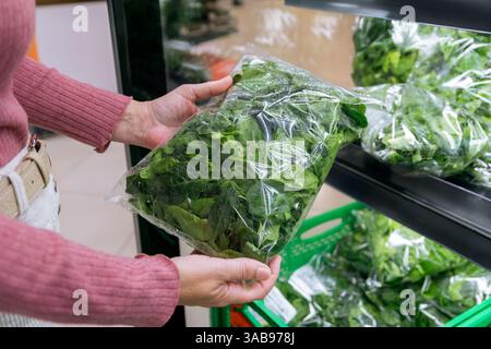 Eine Frau hält eine Tüte frischen Spinat in einem Supermarkt. Die Produkte werden ordentlich verpackt und auf einem Regal ausgestellt, was Frische und Konfektion zum Ausdruck bringt Stockfoto