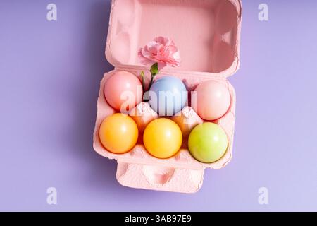 Blick von oben auf einen pastellfarbenen Eierkarton mit Ostereiern und einer zarten Blume, die ein Spektrum an sanften Tönen vor einem lila bac zeigt Stockfoto