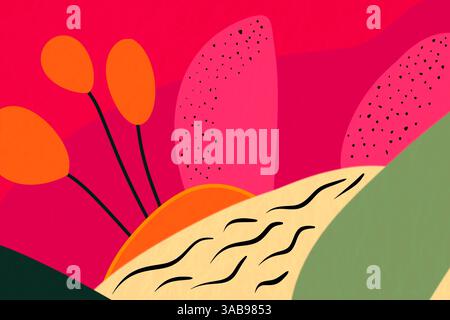Eine abstrakte Blumenabbildung mit leuchtenden Farbblöcken und stilisierten Blumenelementen in Rot-, Rosa- und Grüntönen. Stockfoto