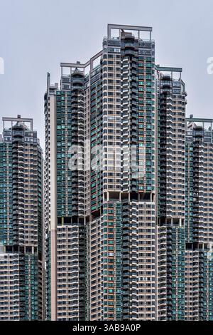 Die Skyline von Hongkong wird von hohen Wohntürmen mit moderner Architektur und dichtem urbanen Leben geprägt. Stockfoto