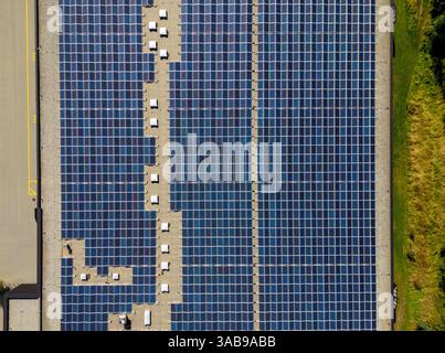 Dieses Luftbild zeigt eine große Auswahl an Solarpaneelen im malerischen Brig-Gebiet der Schweiz, die erneuerbare Energien in der Natur hervorheben Stockfoto