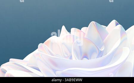 Ein atemberaubendes abstraktes 3D-Bild mit eleganten, schillernden Falten mit weichem Verlauf vor einem gedämpften blauen Hintergrund. Perfekt für modern und minimalistisch Stockfoto