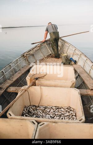 Fischer auf einem Boot mit traditionellen Methoden für Hering in der Ostsee, Carnikava, Lettland. Das Bild zeigt die Einfachheit und das Erbe dieser Geschichte Stockfoto