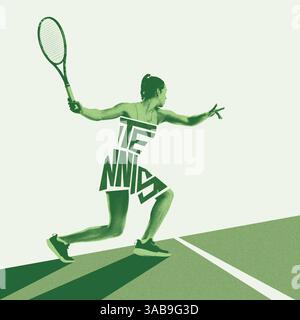 Dynamische Seitenansicht des Tennisspielers in Grüntönen, in Bewegung mit Schläger, Spiel mit Fokus. Kreatives Kunstdesign. Stockfoto