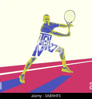 Vorderansicht des konzentrierten Mannes, Tennisspieler in Bewegung mit Tennisschläger, Training, Spiel auf abstraktem Platz. Kreatives Kunstdesign Stockfoto