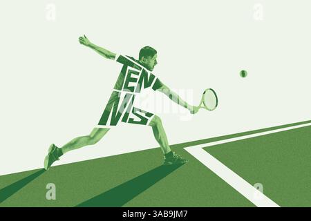 Einfarbiges Bild des Mannes, Tennisspielers, der Entschlossenheit und Fähigkeiten zeigt, mit Fokus und Dynamik spielt. Kreatives Kunstdesign Stockfoto
