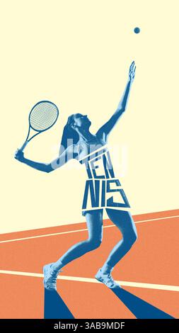 Vertikales Bild einer jungen Frau, Tennisspielerin in blauen Tönen, die Ball serviert, spielt, auf abstraktem Platz trainiert. Kreatives Kunstdesign. Stockfoto