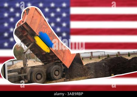 Ein konzeptionelles Bild, das einen Deal zwischen der Ukraine und den USA über Seltenerdmineralien darstellt. Die Szene enthält Fahnen beider Nationen, ein Dokument Stockfoto