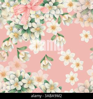 Nahtloses Muster mit fliegender weißer Blume mit Schleife auf rosa Hintergrund. Handgezeichnetes Blumenmuster in Aquarellen im Vintage-Stil. Drucken ideal für Stockfoto