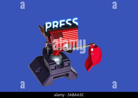 Die „PRESSE“ Griff einen Zimmermann mit US-Flagge und roter Kappe in den Laster – Symbol für politischen Druck auf die Medien, Zensur und den Kampf um Informationen Stockfoto