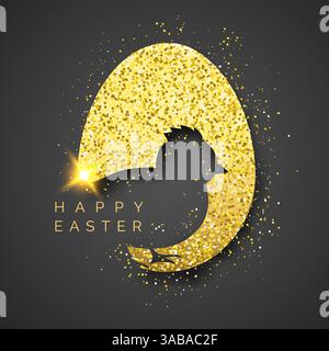 Schwarzer Osterhintergrund mit realistischem goldenem Ei, Konfetti, Chick Silhouette und Text. Vektor glänzende Illustration Grußkarte, Poster, Flyer, Banner Stock Vektor