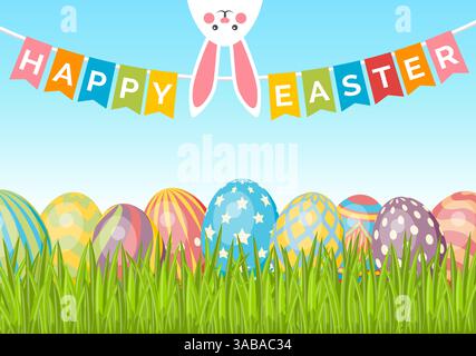 Ostern Vektor Hintergrund mit Eiern auf grünem Gras, Häschen und Fahnen. Niedliches osterbanner, Poster, Flyer oder Grußkarte Stock Vektor
