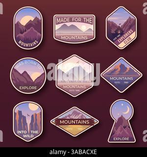 Set mit neun Emblemen für Bergreisen. Camping Outdoor-Abenteuer-Embleme, Abzeichen und Logoaufnäher. Bergtourismus, Wandern. Waldlager-Vektor-Labels i Stock Vektor