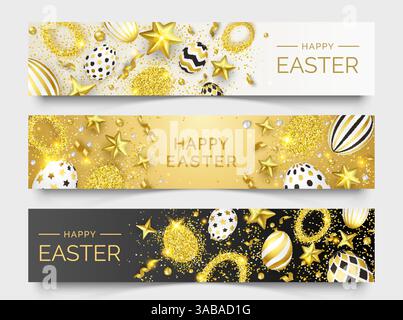 Drei horizontale Osterbanner mit realistischen goldenen Eiern, Bändern, Sternen und bunten Kugeln. Osterkarte Illustration auf heller und dunkler Ba Stock Vektor