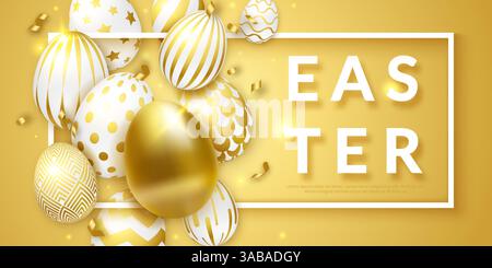 Osterhintergrund mit realistischen, goldverzierten Eiern, Rahmen und Bändern. Vektor glänzende Illustration Grußkarte, Poster, Flyer, Banner Stock Vektor