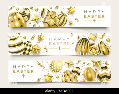 Drei horizontale Osterbanner mit realistischen goldenen Eiern, Bändern, Sternen und bunten Kugeln. Osterkarte Illustration auf heller und dunkler Ba Stock Vektor
