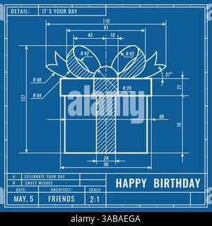 Geschenkbox als technische Bauzeichnung. Geburtstagstechnisches Konzept. Technische Zeichnungen für den Maschinenbau. Vektorbanner, Cover, Poster, Flyer oder Stock Vektor