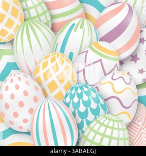 Osterhintergrund mit 3d verzierten Eiern. Abbildung in weichen Farben. Niedliche Vektor-oster-Banner, Poster, Flyer oder Grußkarte Stock Vektor