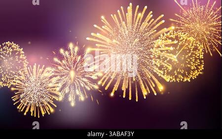 Feuerwerk in verschiedenen Formen auf dunklem Hintergrund. Feuerwerkexplosion in der Nacht. Feuerwerkskörper-Raketen, die in großen, funkelnden Sternenbällen platzen Stock Vektor