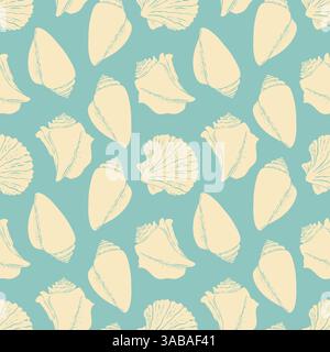 Meeresatmosphäre. Nahtloses Muster in Pastellblau mit Silhouetten von Muscheln, Muscheln, Jakobsmuscheln. Vektorabbildung Stock Vektor