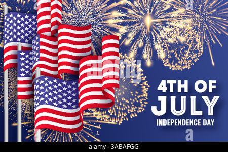 USA Unabhängigkeitstag. Großes Vektorbanner mit amerikanischen Nationalflaggen und Feuerwerk. Vorlage für Poster „4. von Juli“ Stock Vektor