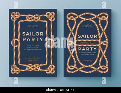 Zwei nautische Vektorvorlagen. Seilrahmenrand. Grafikelement für Grußkarte, Poster, Flyer, Banner, Einladung usw. Stock Vektor