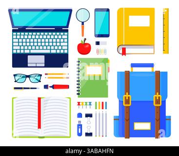 Vektorillustration für Bildungselemente. Schulpapier und -Zubehör. Illustration von Lineal und Rucksack, Stift und Brille, Bücher und Notizbuch Stock Vektor