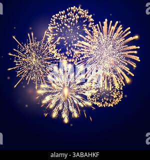 Feuerwerk in verschiedenen Formen auf blauem Hintergrund. Feuerwerkexplosion in der Nacht. Feuerwerkskörper-Raketen, die in großen, funkelnden Sternenbällen platzen Stock Vektor