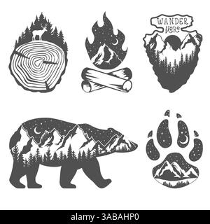 Doppelte Belichtung. Handgezeichnete Outdoor-Abzeichen. Wilde Natur in Schwarz-weiß-Farben. Adventure-Embleme, Abzeichen und Logoaufnäher. Naturetiketten in Weinmarken Stock Vektor