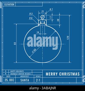 Weihnachtskugel als technische Blaudruckzeichnung. Weihnachtliches technisches Konzept. Maschinenbauzeichnungen. Weihnachten und Neujahr Banner, Cover, Pos. Stock Vektor