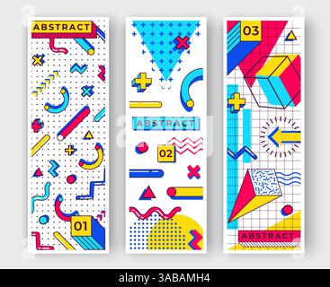 Drei vertikale memphis-Vektorbanner. Abstrakte 90s-Trends für Elemente mit geometrischen Formen. Formen mit Dreiecken, Kreisen, Linien Stock Vektor
