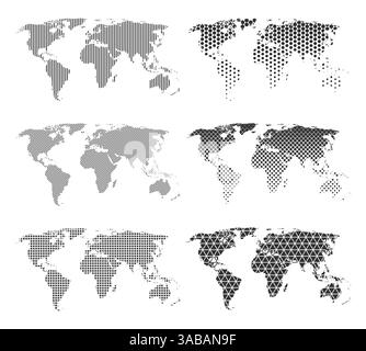 Set aus sechs Vektorweltkarten mit verschiedenen Mustern. Karten mit Punkten, Linien, Sechsecken, Quadraten Stock Vektor