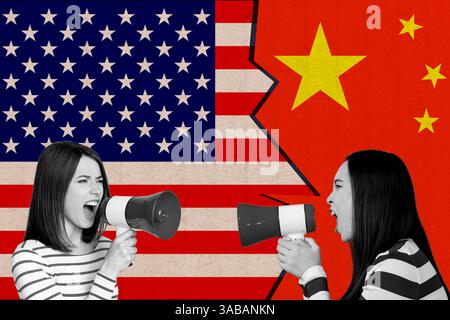 3D Collage Trend Artwork Sketch Poster von zwei Frauen halten Megaphon Proklamation amerikanischer chinesischer Kampf Investitionen Handel Krieg Markt Konflikt Stockfoto