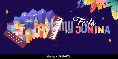 Festa Junina Konzeptdesign. Brasilianische Musik und Tanz Sommerfestival Karnevalsbanner mit Stadt, Gitarre, Akkordeon, Laternen und Flaggen. Juni Stock Vektor
