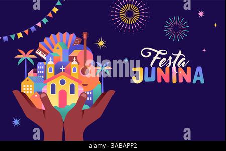 Festa Junina Konzeptdesign. Brasilianische Musik und Tanz Sommerfestival Karnevalsbanner mit Stadt, Gitarre, Akkordeon, Laternen und Flaggen. Juni Stock Vektor